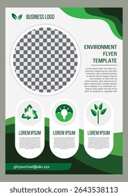 Modern green-themed environmental flyer template featuring eco icons, editable photo placeholder, and space for business logo and contact info.