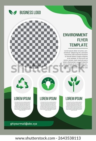 Modern green-themed environmental flyer template featuring eco icons, editable photo placeholder, and space for business logo and contact info.