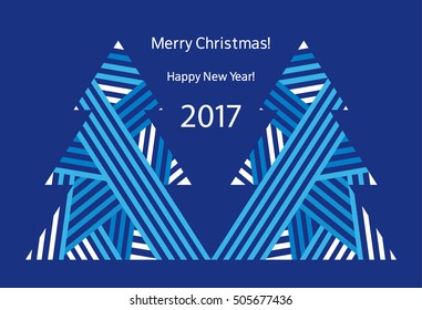 Modern greeting card with abstract Christmas trees. Happy New Year 2017. Merry Christmas. Congratulation. Dark blue background. Vector illustration.