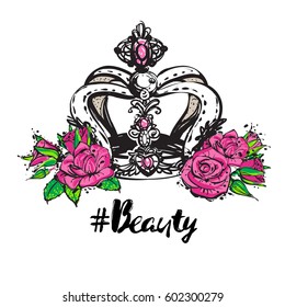 Modern greeting card with beauty hashtag and luxury queen crown. Green natural makeup and accessories stickers and patches collection. Vector fashion illustration in vogue style.