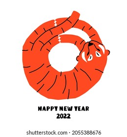 Modern greeting card with Chinese new year 2022 symbol. The tiger is curled up in a ball.