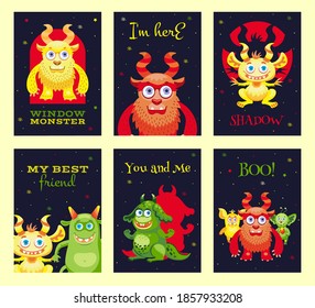 Modern greeting card designs with furry monsters. Creative postcards with ikebana and flowers. Celebration and Halloween party concept. Template for promotional postcard or brochure