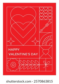 Modern greeting card  with minimalist Valentines day line icons. Geometric mosaic Valentine's day pattern. Trendy design for cover, banner, poster. Romantic modern abstract vector background 