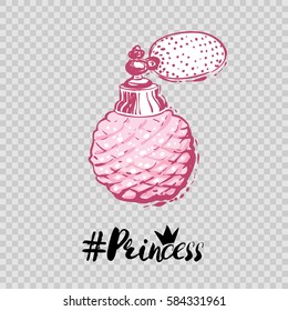 Modern greeting card with princess hashtag and French perfume. Wedding patches illustration. Invitation card composition. Vector fashion hand drawn art in watercolor style, floral decoration