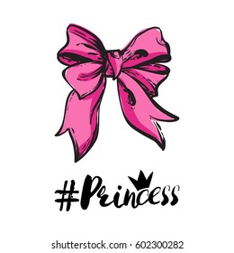 Modern greeting card with princess hashtag and pink bow. Green natural makeup and accessories stickers and patches collection. Vector fashion illustration in vogue style.