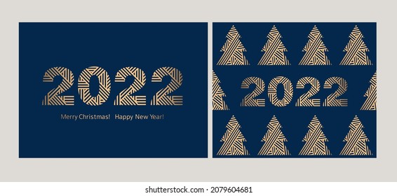 Modern Greeting card and seamless pattern. Happy New Year 2022. Merry Christmas. Dark blue background for textile, fabric manufacturing, wallpaper, covers, surface, print, gift wrap, scrapbooking