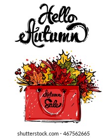 Modern greeting card with shopping bag with leaves bouquet and hello autumn lettering. Sketch for decoration seasonal celebration, greeting card or banner. Hand drawn symbols on white backdrop.