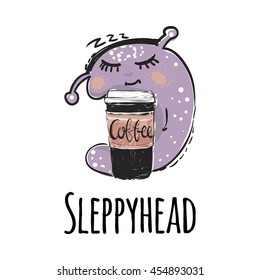 Modern greeting card with Sleepyhead monster. Funny monster illustration in children's, cartoon style.