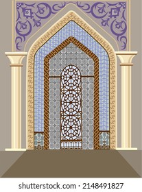 Modern  greeting card template with gold template door muslim for celebration decoration design