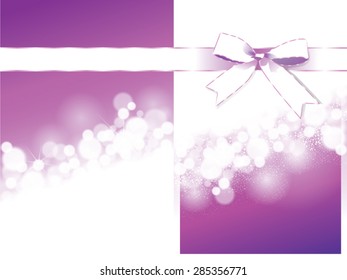 Modern greeting card template with white and purple bow and a ribbon. Invitation. Vector illustration
