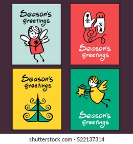 Modern greeting Holiday cards set. Trendy fun Christmas templates. Mittens, Christmas angel. Seasons greeting text. Ink drawn elements.  Vector Illustration