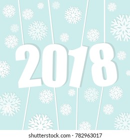 Modern greeting text 2018 with White snowflake on teal or Light blue background; happy new year and holiday concept; design for banner; poster and other,Vector,Illustration.
