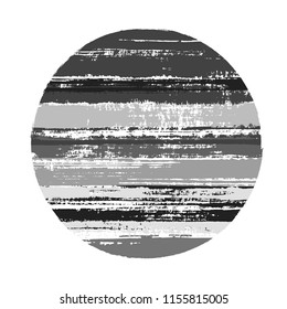 Modern grey black circle vector geometric shape with stripes texture of ink horizontal lines. Planet concept with old paint texture. Emblem round shape logotype circle with grunge stripes background.