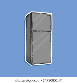 Modern grey fridge. Front view of freezer with closed doors and shadow. Two vertical compartments of refrigerator with handles. Isolated in a blue background vector illustration design