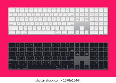 Modern grey laptop bluetooth keyboard pack isolated on rose background. Minimalistic keyboard with black buttons. Vector illustration