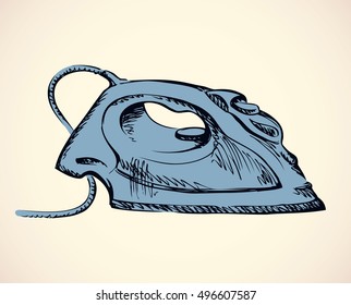 Modern grey plastic freshen clothes iron isolated on white background. Linear freehand ink drawn backdrop sketchy in scrawl style pen on paper. Side view close-up with space for text