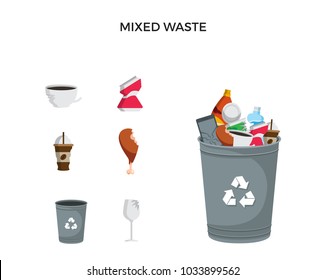 Modern Grey Recycle Mixed Waste Garbage Bin And Trash Object Illustration Set, Suitable For Illustration, Book Graphics, Icons, Game Asset, And Other Recycle Related Activities.