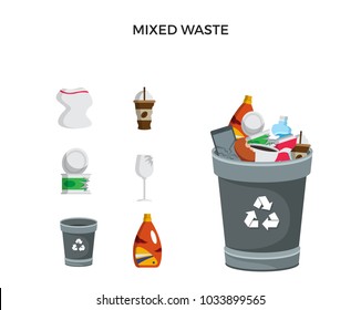 Modern Grey Recycle Mixed Waste Garbage Bin And Trash Object Illustration Set, Suitable For Illustration, Book Graphics, Icons, Game Asset, And Other Recycle Related Activities.