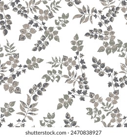 Modern grey seamless pattern with leaves. Raster illustration. branches with leaves on white background. seamless pattern.