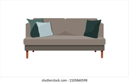 Modern grey sofa vector flat illustration. Comfortable lounge for interior design isolated on white background. Minimalistic contemporary living room in scandi or japandi style.