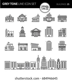 Modern grey tone thin line icons set of buildings. Premium quality outline symbol set. Simple linear pictogram pack. Editable line series