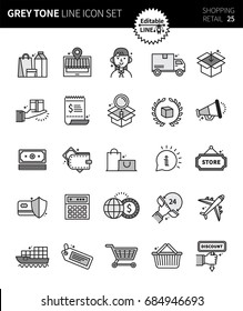 Modern grey tone thin line icons set of shopping & retail. Premium quality outline symbol set. Simple linear pictogram pack. Editable line series