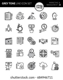 Modern grey tone thin line icons set of marketing & management. Premium quality outline symbol set. Simple linear pictogram pack. Editable line series