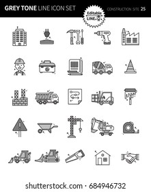 Modern grey tone thin line icons set of construction site. Premium quality outline symbol set. Simple linear pictogram pack. Editable line series