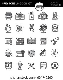 Modern grey tone thin line icons set of education & school. Premium quality outline symbol set. Simple linear pictogram pack. Editable line series