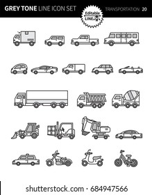 Modern grey tone thin line icons set of transportation. Premium quality outline symbol set. Simple linear pictogram pack. Editable line series