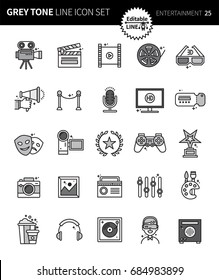 Modern grey tone thin line icons set of entertainment. Premium quality outline symbol set. Simple linear pictogram pack. Editable line series