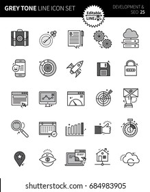 Modern grey tone thin line icons set of development & seo. Premium quality outline symbol set. Simple linear pictogram pack. Editable line series