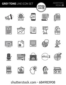 Modern grey tone thin line icons set of advertising media. Premium quality outline symbol set. Simple linear pictogram pack. Editable line series