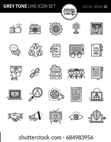 Modern grey tone thin line icons set of social  media. Premium quality outline symbol set. Simple linear pictogram pack. Editable line series