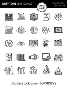 Modern grey tone thin line icons set of 3d modeling  printing . Premium quality outline symbol set. Simple linear pictogram pack. Editable line series