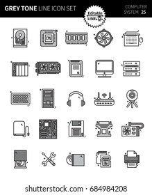 Modern grey tone thin line icons set of computer system. Premium quality outline symbol set. Simple linear pictogram pack. Editable line series