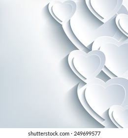 Modern grey Valentine's day background with white 3d cut paper hearts. Creative trendy abstract wallpaper. Beautiful love card for Valentine's day with place for text. Vector illustration.