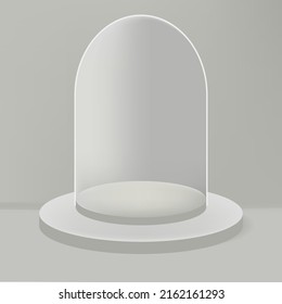 Modern grey, white cylinder pedestal podium with arch shape backdrop