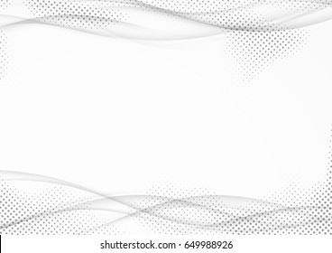 Modern greyscale abstract dotted swoosh lines layout. Grey soft futuristic gradient waves over halftone dot particle pattern graphic background. Vector illustration