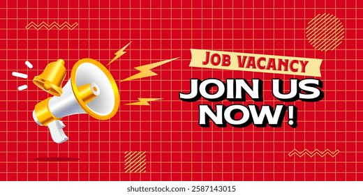 modern grid background megaphone with bell vector, shouting loudspeaker with lightning banner. concept of join us, job vacancy and announcement in modern style. Social media marketing symbol concept.