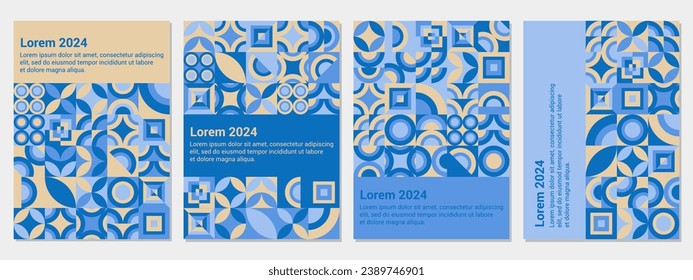 Modern grid flyer with geometric shapes, geometry graphics and abstract background vector set. Geometry grid pattern banner vivid presentation illustration