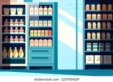 modern grocery shop interior supermarket with food product shelves racks with dairy fridge with drinks