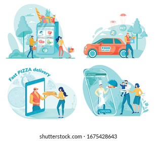 Modern Grocery Shopping Flat Illustrations Set. Raw Vegetables and Prepared Food Fast and Free Delivery Services Pack. People Choosing and Courier Delivering Products Design Elements Collection