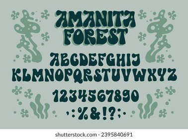 Modern groovy 60s style font. Psychedelic mushroom themed boho typeset. Creative unique hand drawn letters. Hippie style alphabet. For print, poster, banners, web, fashion purposes.