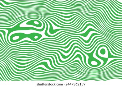 Modern groovy abstract background. Liquid wavy green and white lines. Marble texture. Preppy psychedelic print. Trippy pattern. Surreal wallpaper with curvy stripes. Vector flat illustration.