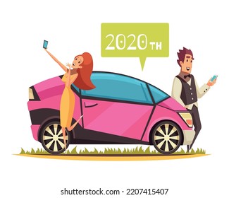 Modern ground transportation concept with car and people with smartphones cartoon vector illustration