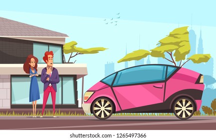 Modern ground transportation young couple near house and pink car parked on street cartoon vector illustration