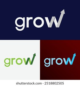 O logotipo moderno "GROW", com uma seta ao lado do "W", simbolizando crescimento, impulso ascendente e progresso. Ideal para empresas focadas em desenvolvimento, inovação, sustentabilidade e sucesso.