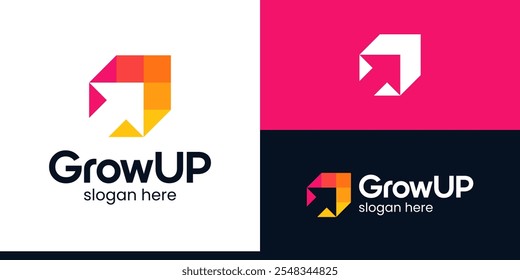 Design moderno do logotipo Growth Up. Vetor de ícone gráfico de design de logotipo de seta. Símbolos para empresas de negócios, marketing, finanças e gestão.