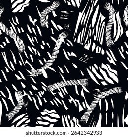 Modern grunge black and white seamless vector pattern with abstract torn ropes and dynamic scratched textures, creating a bold and edgy visual effect. Trendy fabric design. Endless grungy texture.
